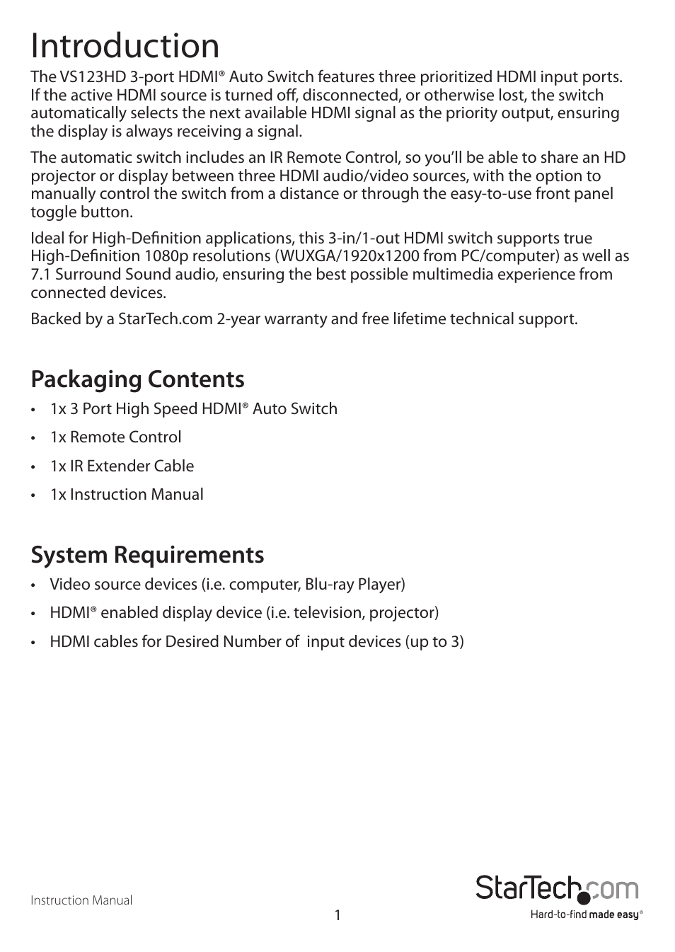 Introduction, Packaging contents, System requirements | StarTech.com VS123HD User Manual | Page 4 / 10