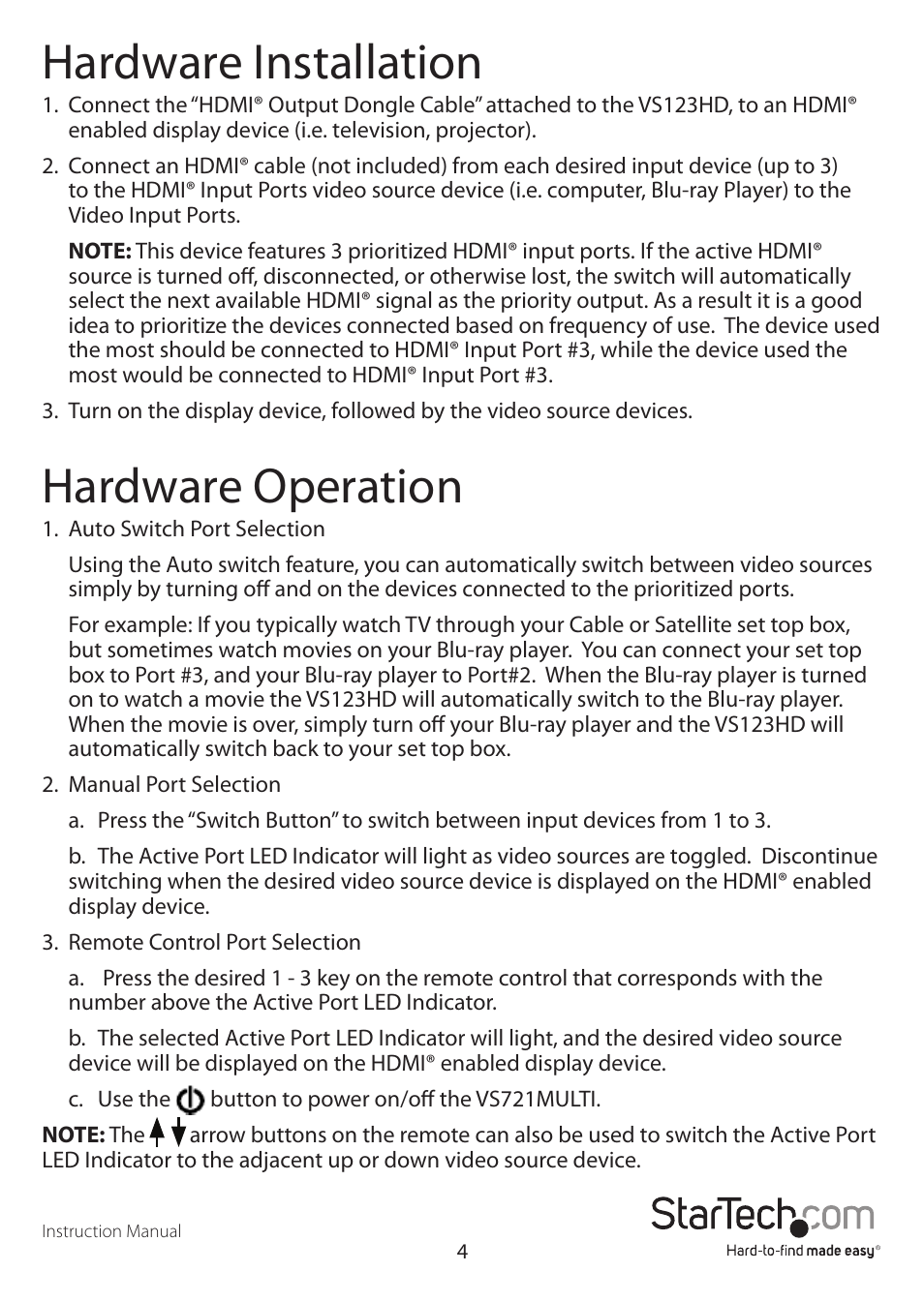 Hardware installation, Hardware operation | StarTech.com VS123HD User Manual | Page 7 / 10