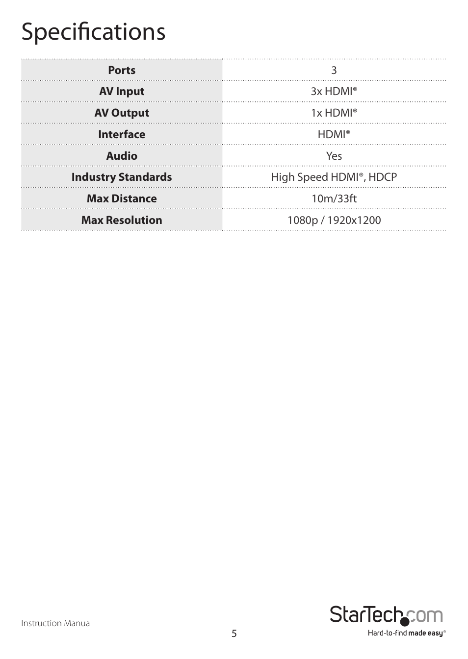 Specifications | StarTech.com VS123HD User Manual | Page 8 / 10