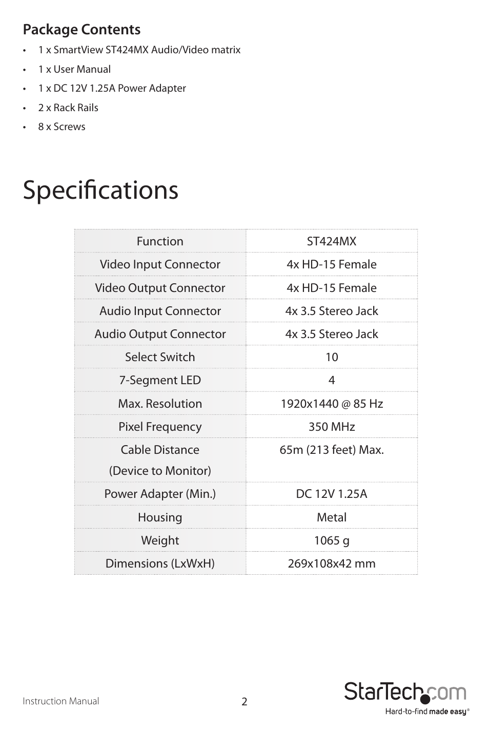 Specifications, Package contents | StarTech.com ST424MX User Manual | Page 5 / 10