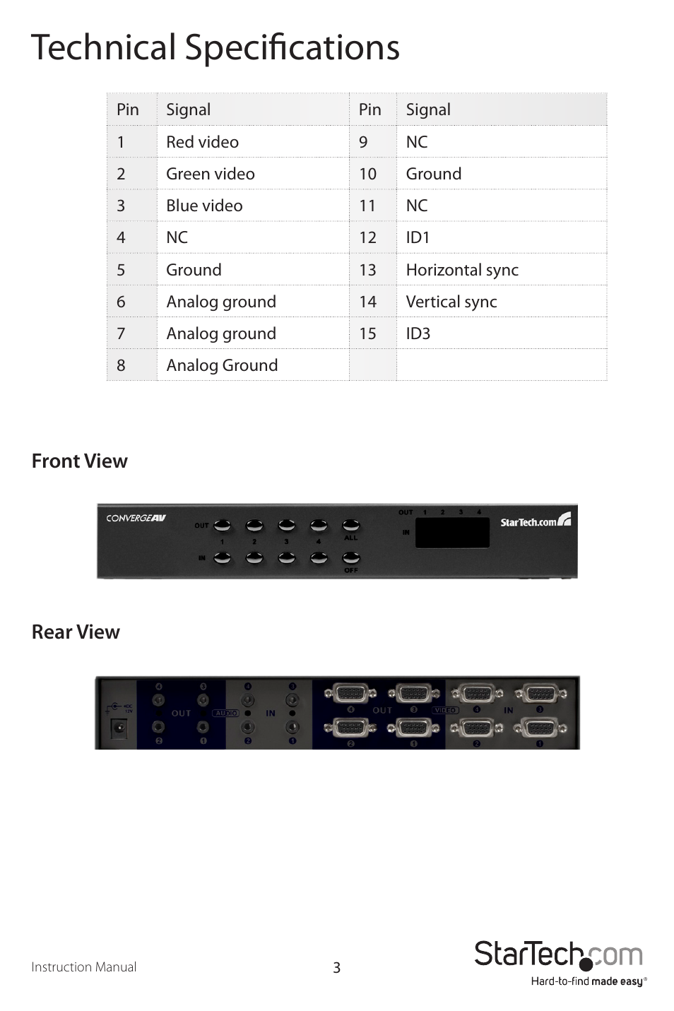 Technical specifications, Front view rear view | StarTech.com ST424MX User Manual | Page 6 / 10