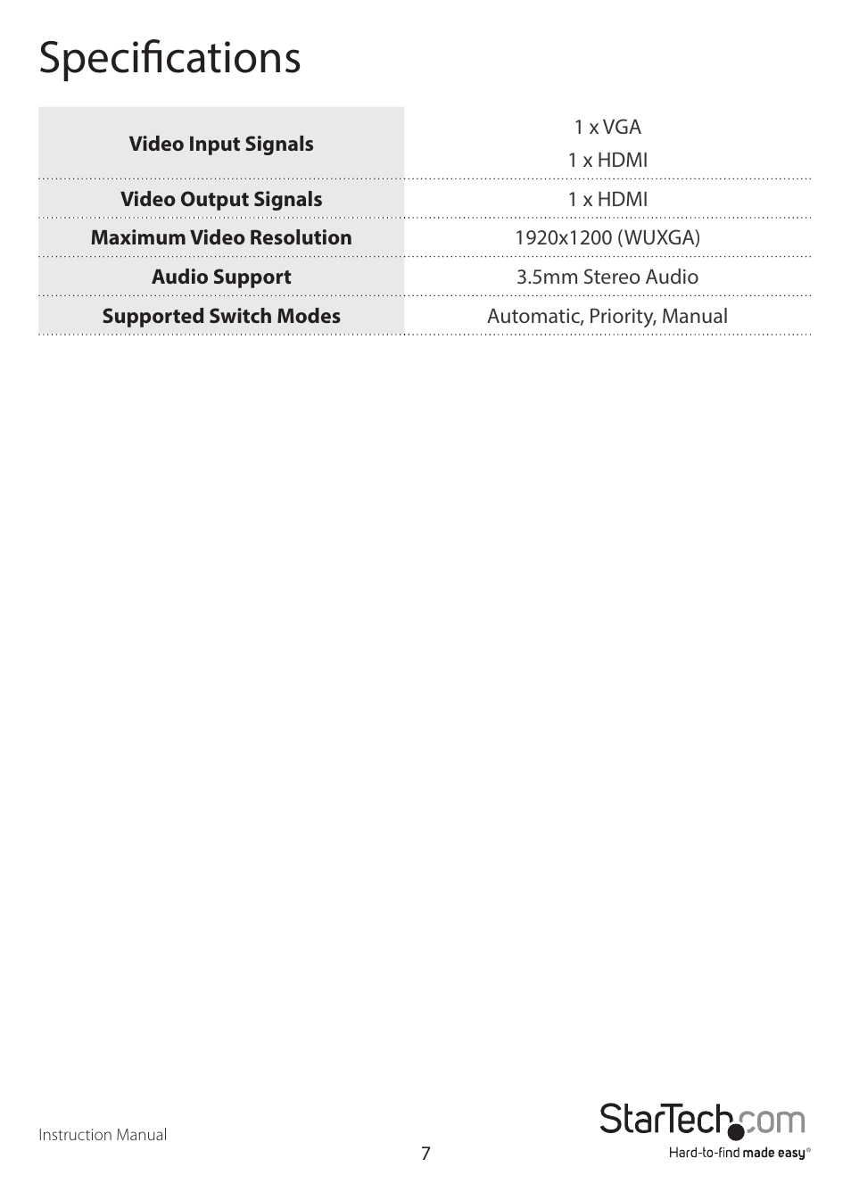 Specifications | StarTech.com VS221VGA2HD User Manual | Page 11 / 13