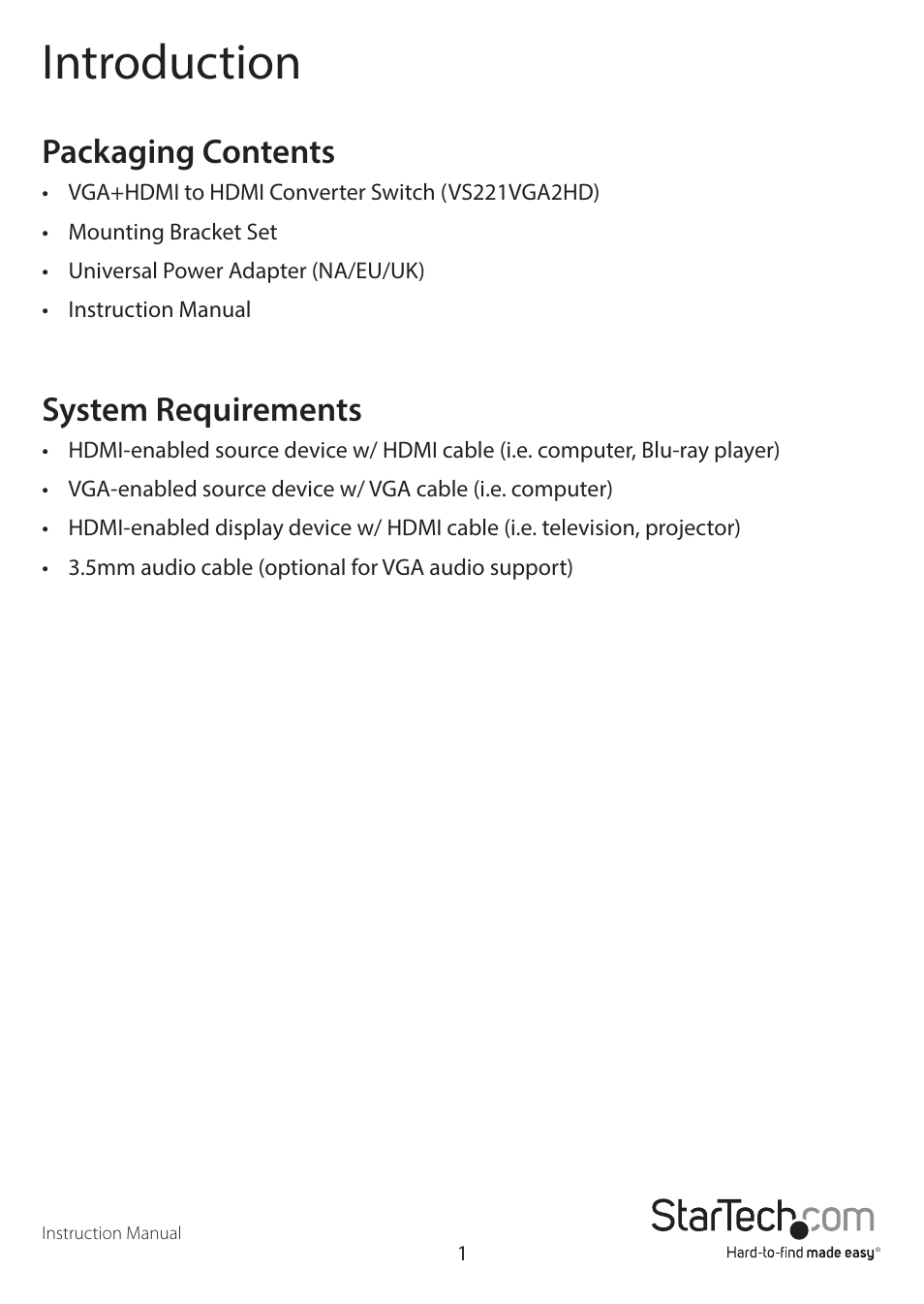 Introduction, Packaging contents, System requirements | StarTech.com VS221VGA2HD User Manual | Page 4 / 13