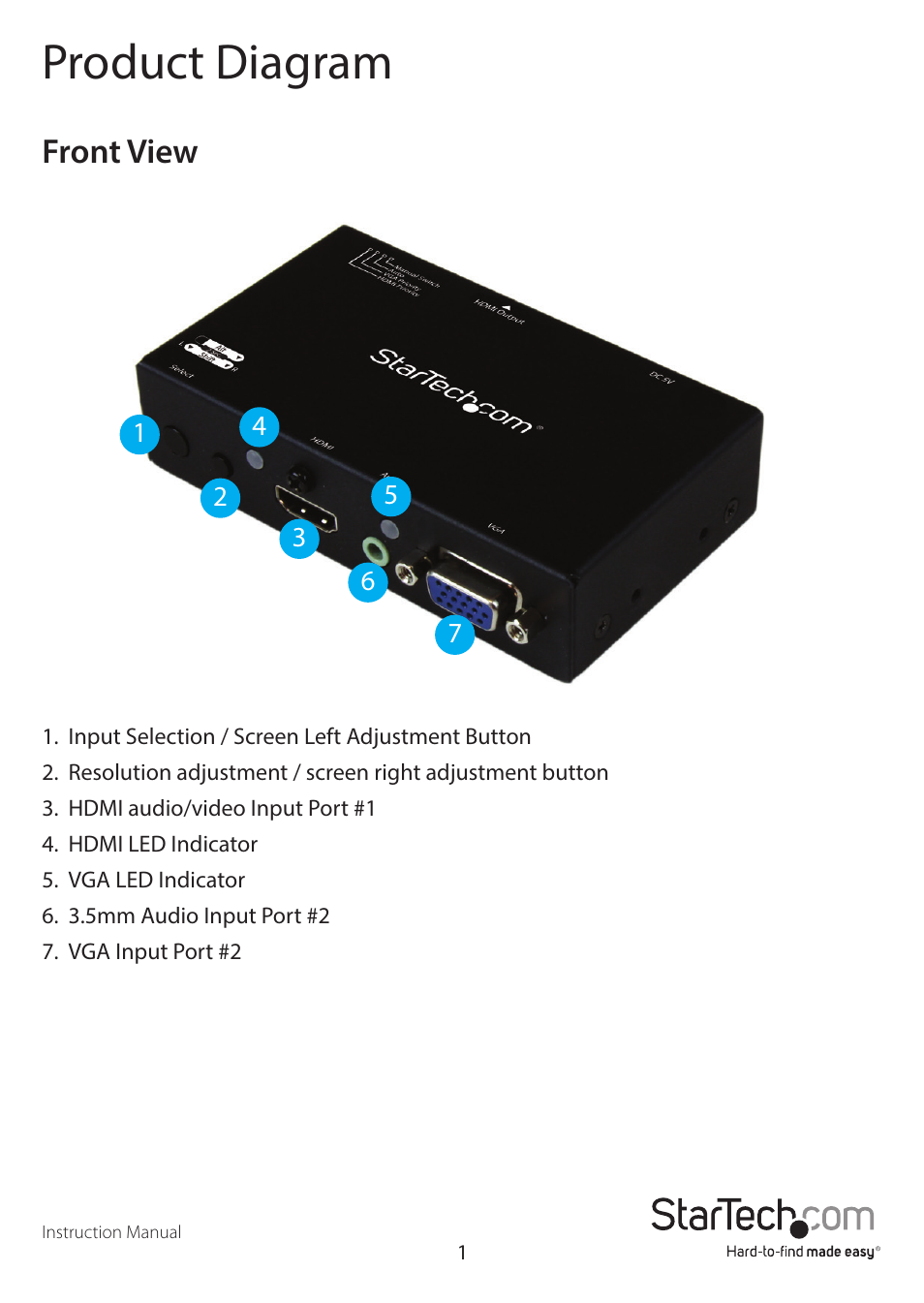Product diagram, Front view | StarTech.com VS221VGA2HD User Manual | Page 5 / 13