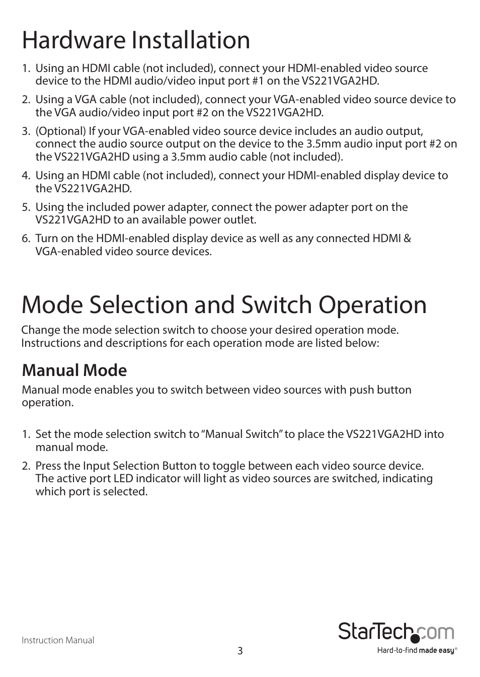 Manual mode | StarTech.com VS221VGA2HD User Manual | Page 7 / 13