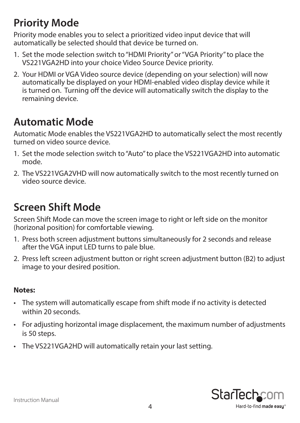 Priority mode, Automatic mode, Screen shift mode | StarTech.com VS221VGA2HD User Manual | Page 8 / 13