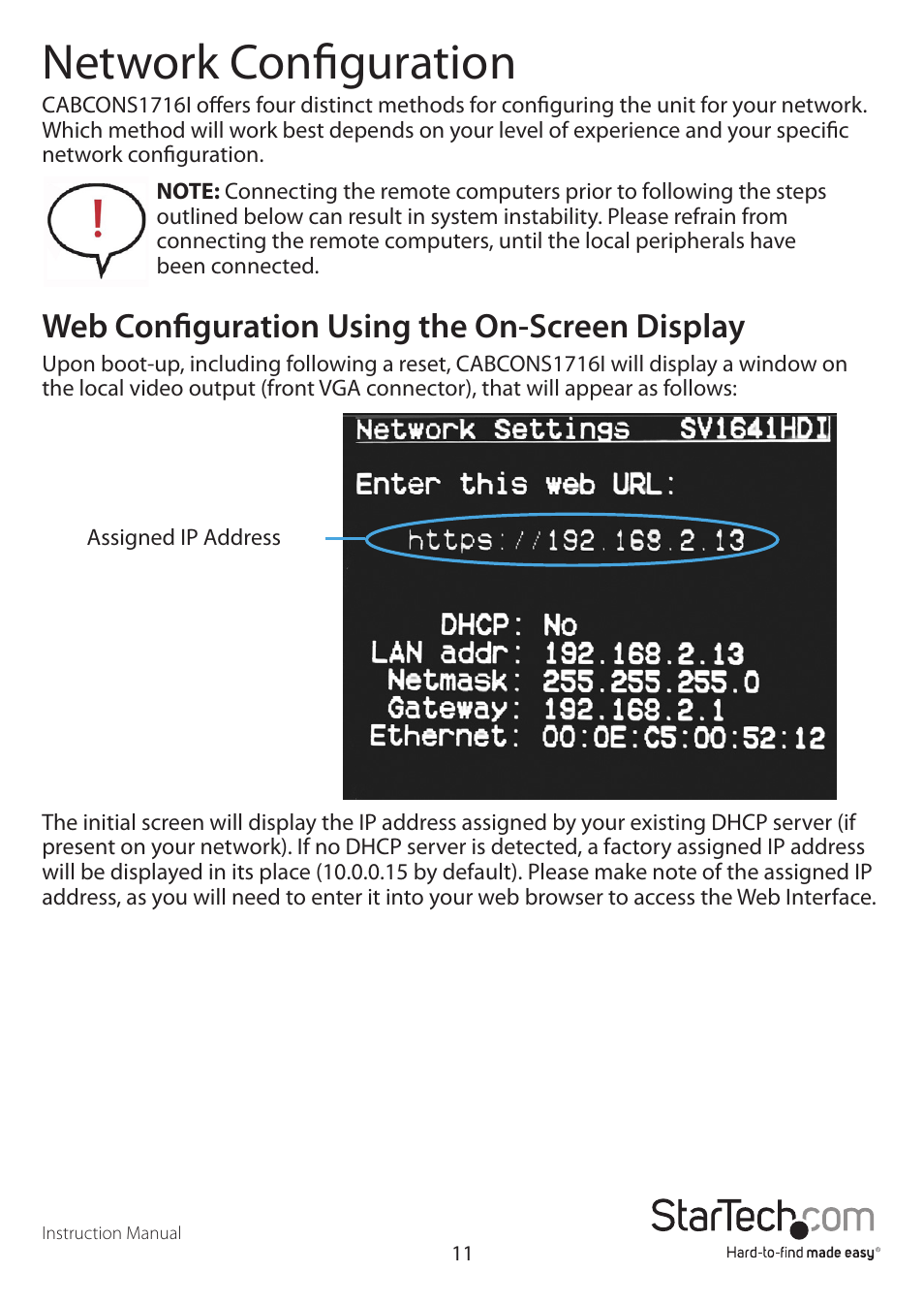 Network configuration, Web configuration using the on-screen display | StarTech.com CABCONS1716I User Manual | Page 15 / 65