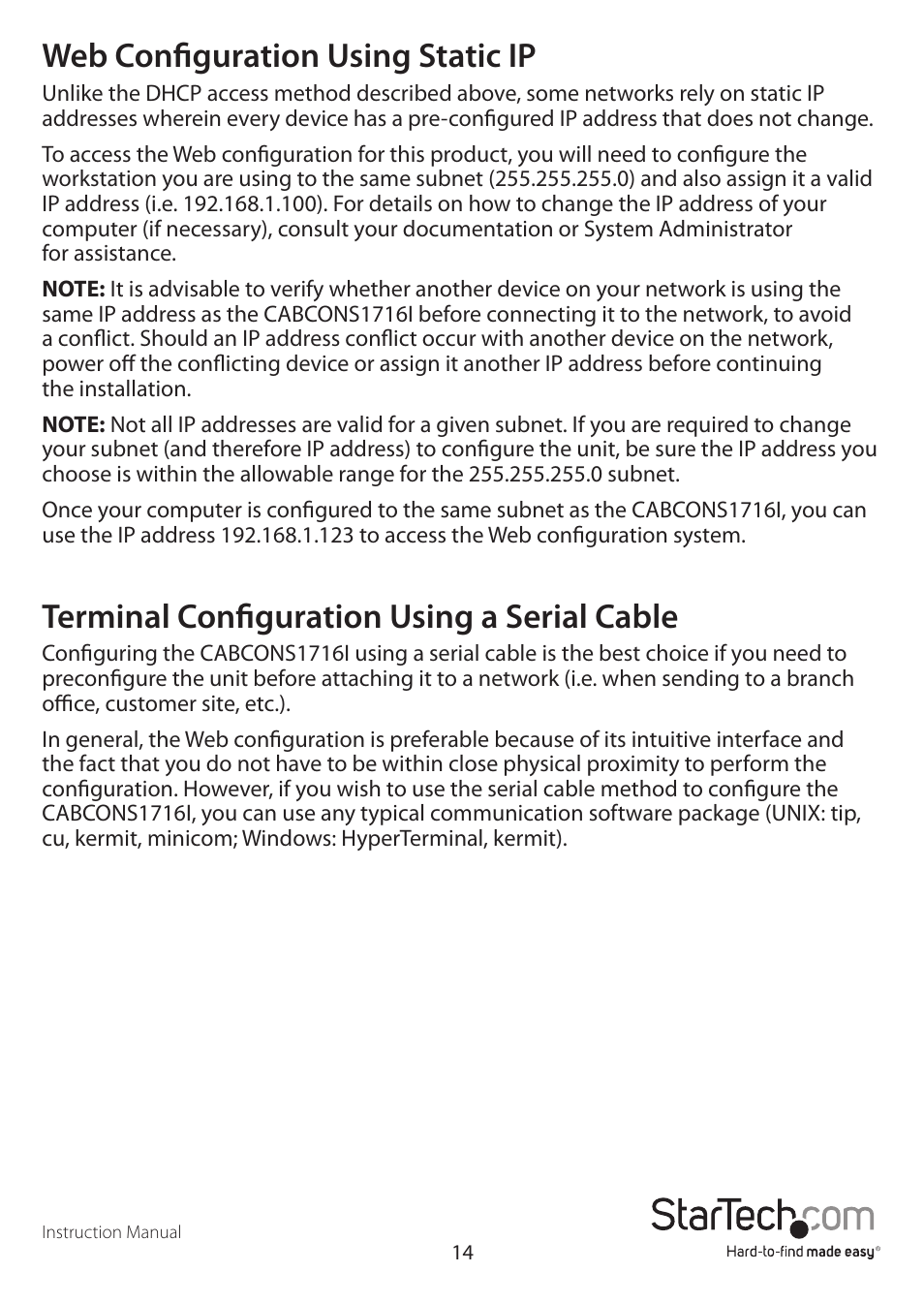 Web configuration using static ip, Terminal configuration using a serial cable | StarTech.com CABCONS1716I User Manual | Page 18 / 65