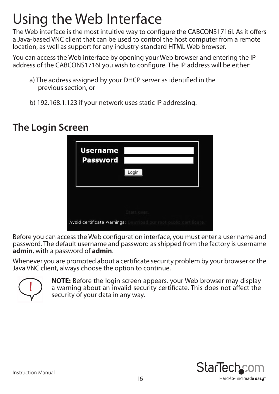 Using the web interface, The login screen | StarTech.com CABCONS1716I User Manual | Page 20 / 65