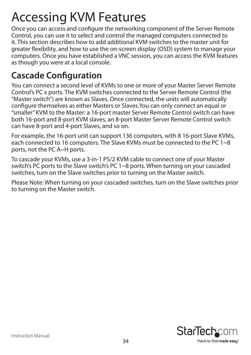 Accessing kvm features, Cascade configuration | StarTech.com CABCONS1716I User Manual | Page 38 / 65