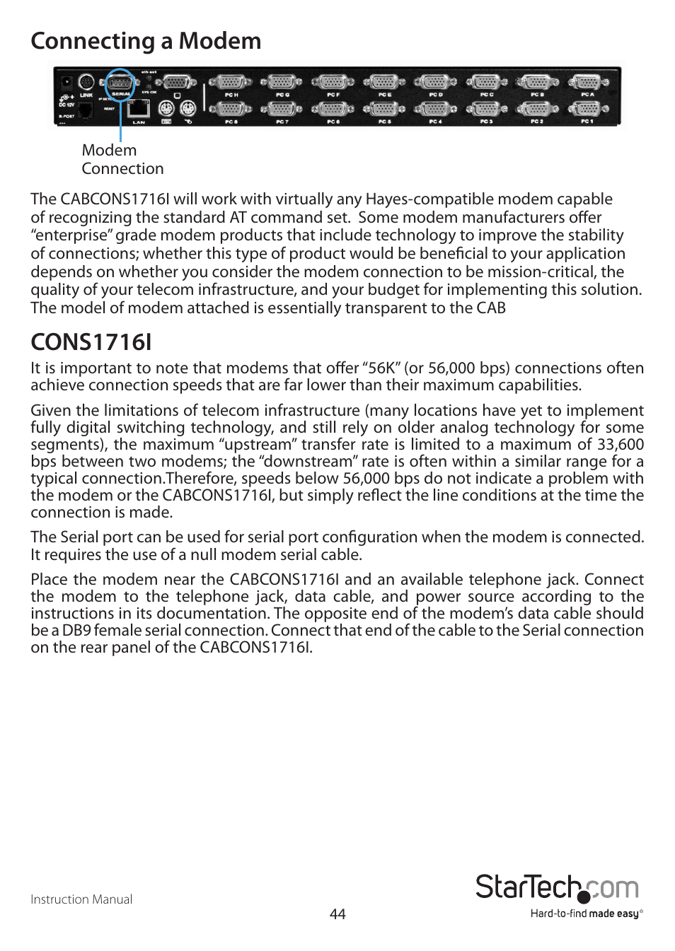 Connecting a modem, Cons1716i | StarTech.com CABCONS1716I User Manual | Page 48 / 65