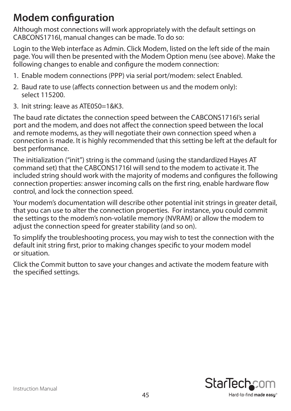 Modem configuration | StarTech.com CABCONS1716I User Manual | Page 49 / 65