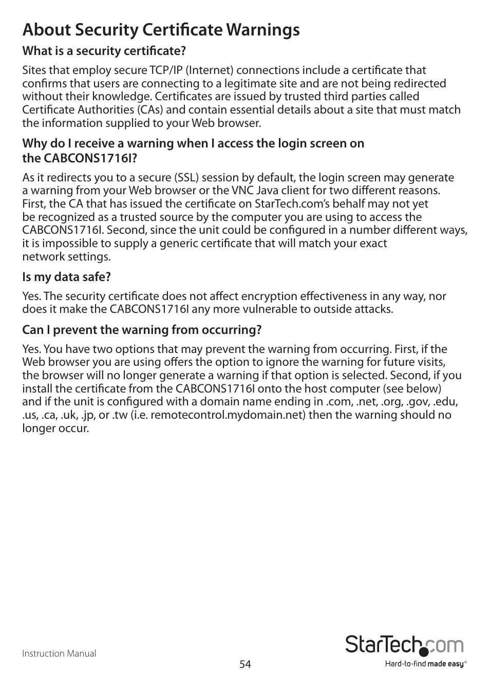 About security certificate warnings | StarTech.com CABCONS1716I User Manual | Page 58 / 65