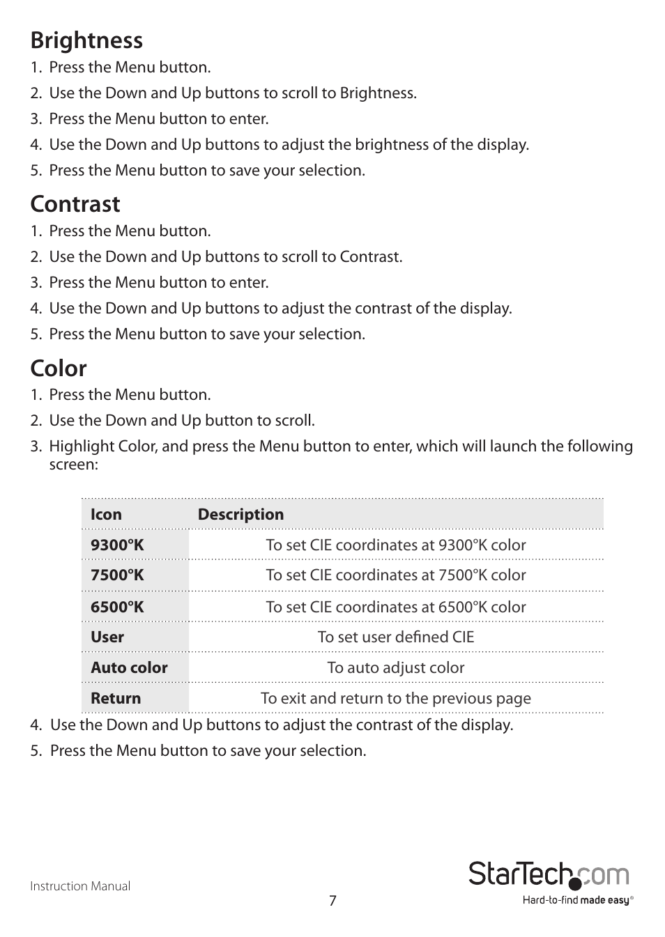 Brightness, Contrast, Color | StarTech.com RACKCONS1901 User Manual | Page 10 / 16