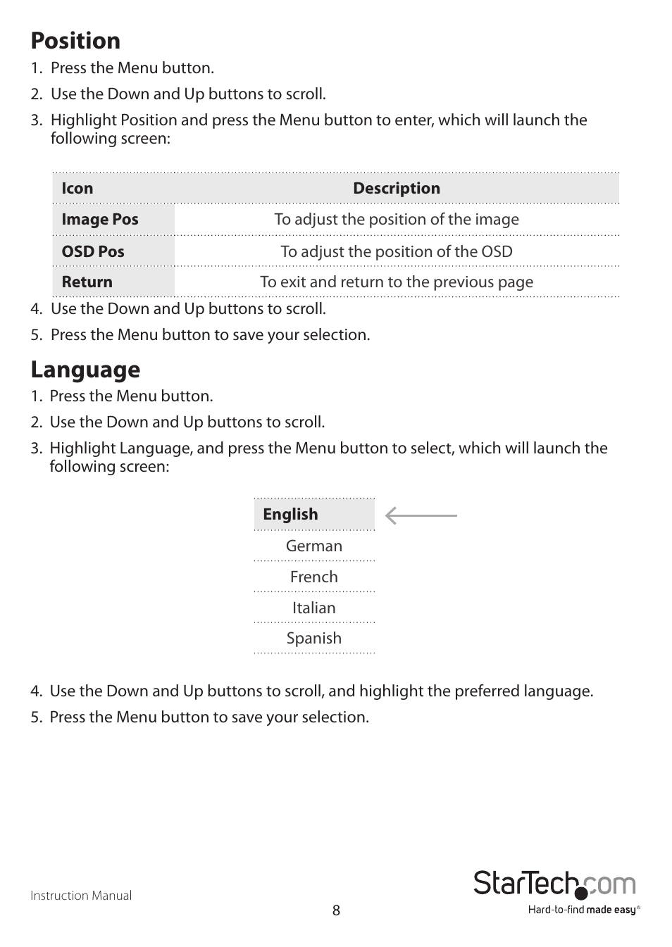 Position, Language | StarTech.com RACKCONS1901 User Manual | Page 11 / 16