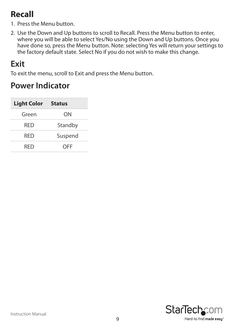 Recall, Exit, Power indicator | StarTech.com RACKCONS1901 User Manual | Page 12 / 16