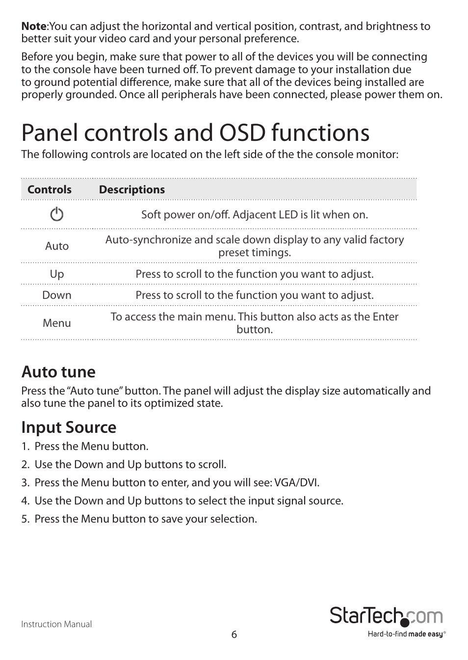 Panel controls and osd functions, Auto tune, Input source | StarTech.com RACKCONS1901 User Manual | Page 9 / 16