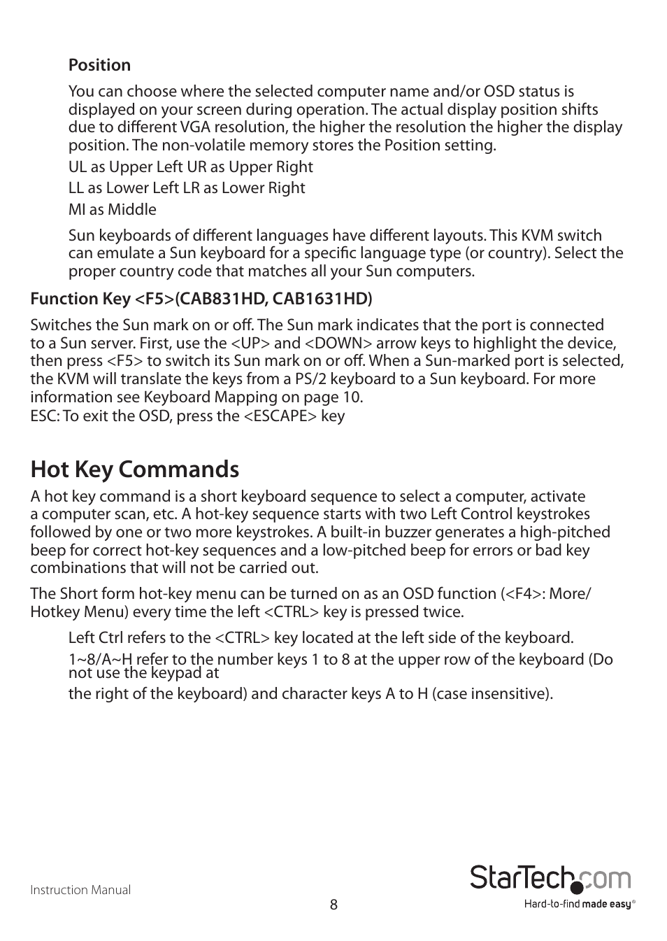 Hot key commands | StarTech.com CAB1631D1U User Manual | Page 11 / 19