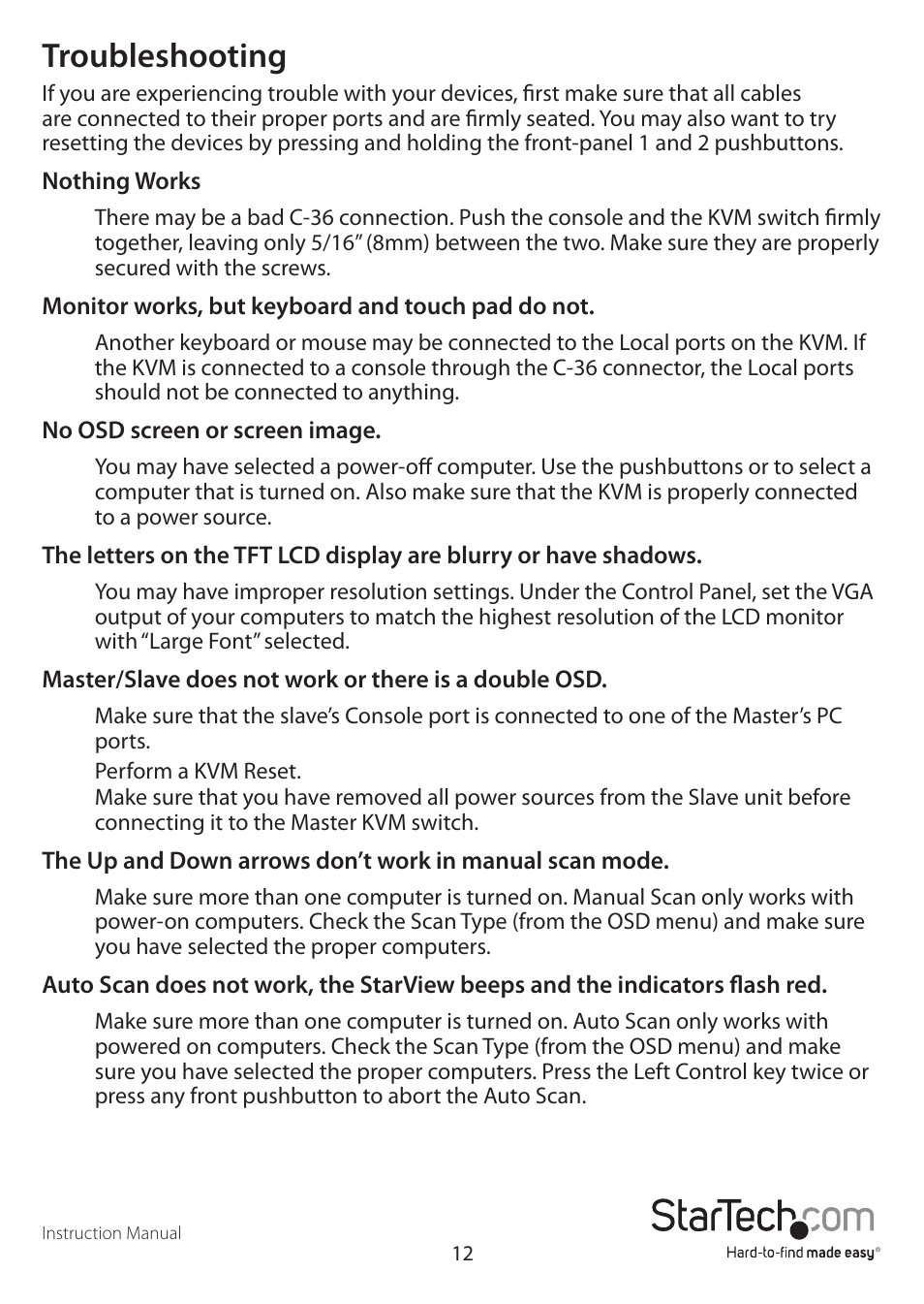 Troubleshooting | StarTech.com CAB1631D1U User Manual | Page 15 / 19