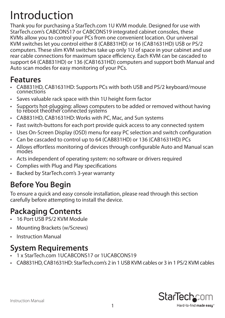 Introduction, Features, Before you begin | Packaging contents, System requirements | StarTech.com CAB1631D1U User Manual | Page 4 / 19