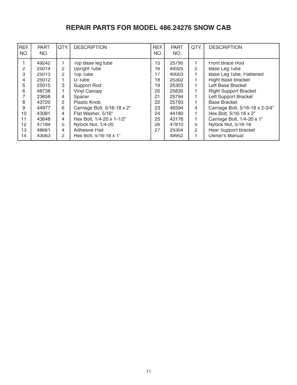 Craftsman SNOW CAB 486.24276 User Manual | Page 11 / 12