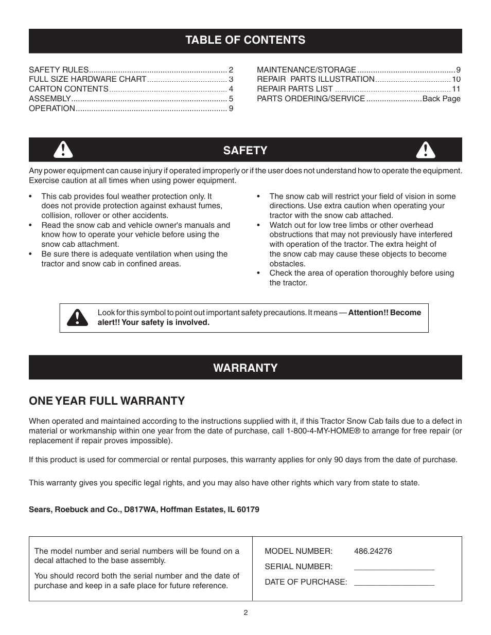 Craftsman SNOW CAB 486.24276 User Manual | Page 2 / 12