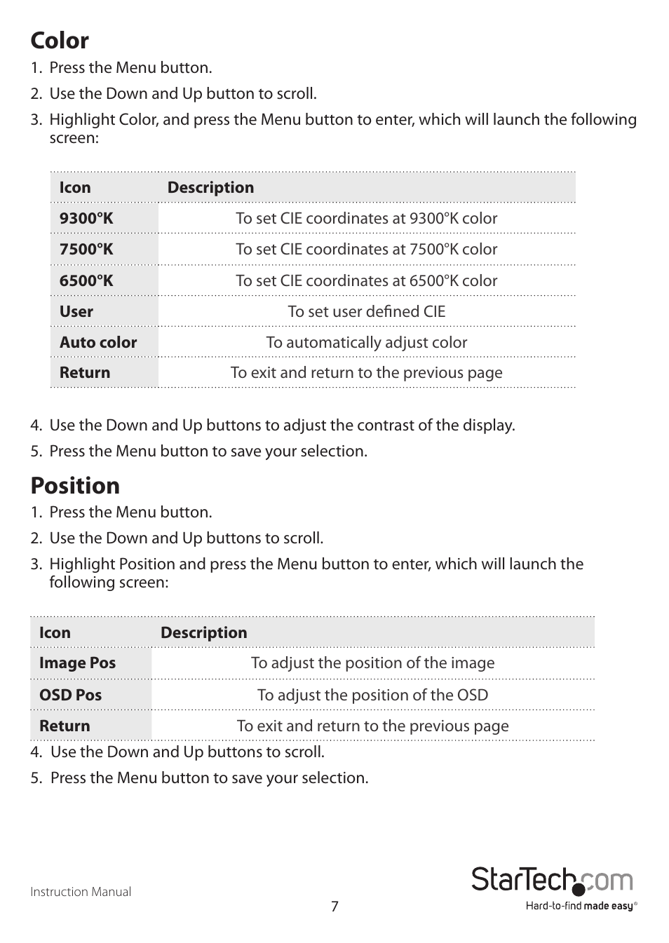 Color, Position | StarTech.com RACKCONV1901 User Manual | Page 10 / 16