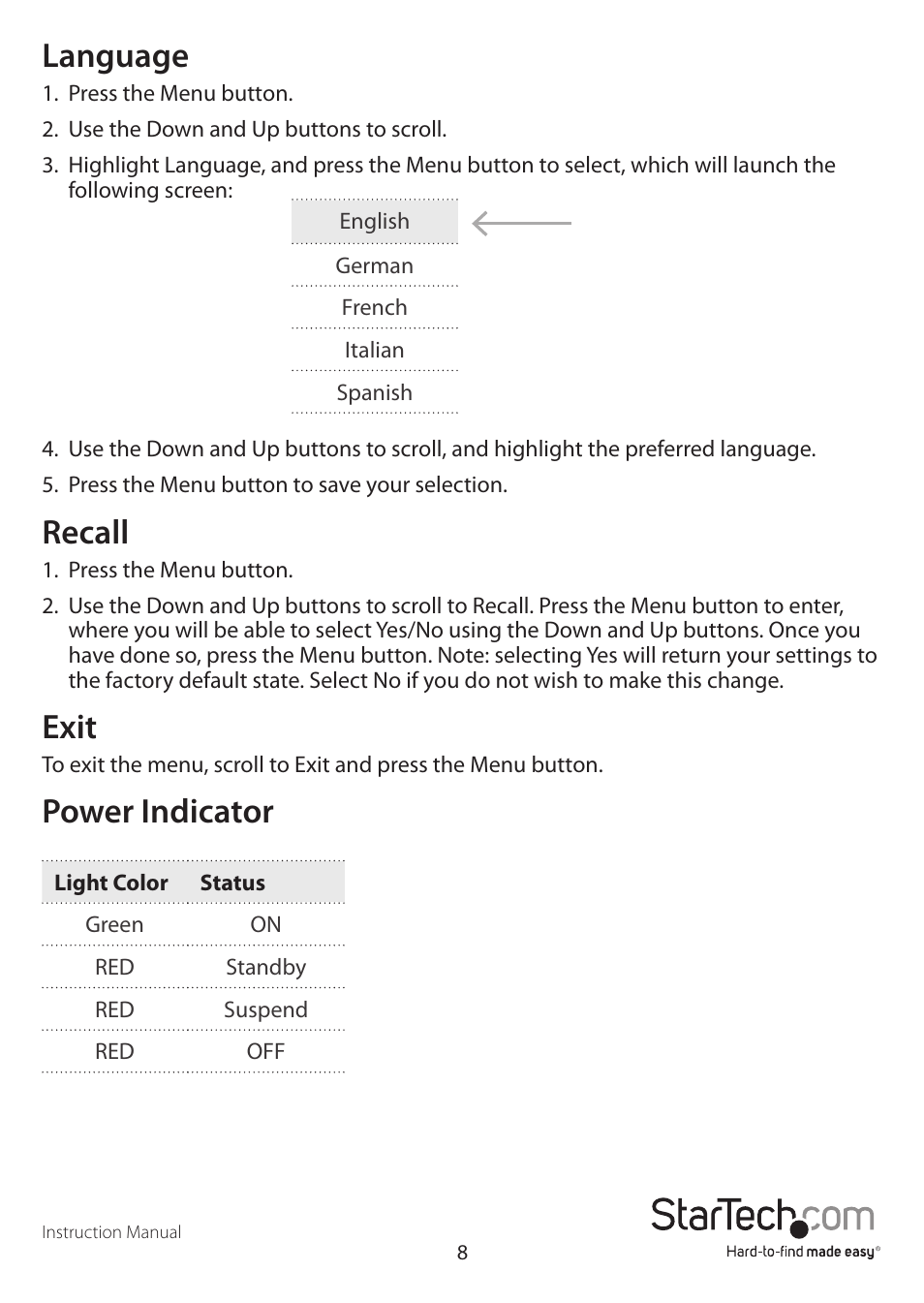 Language, Recall, Exit | Power indicator | StarTech.com RACKCONV1901 User Manual | Page 11 / 16