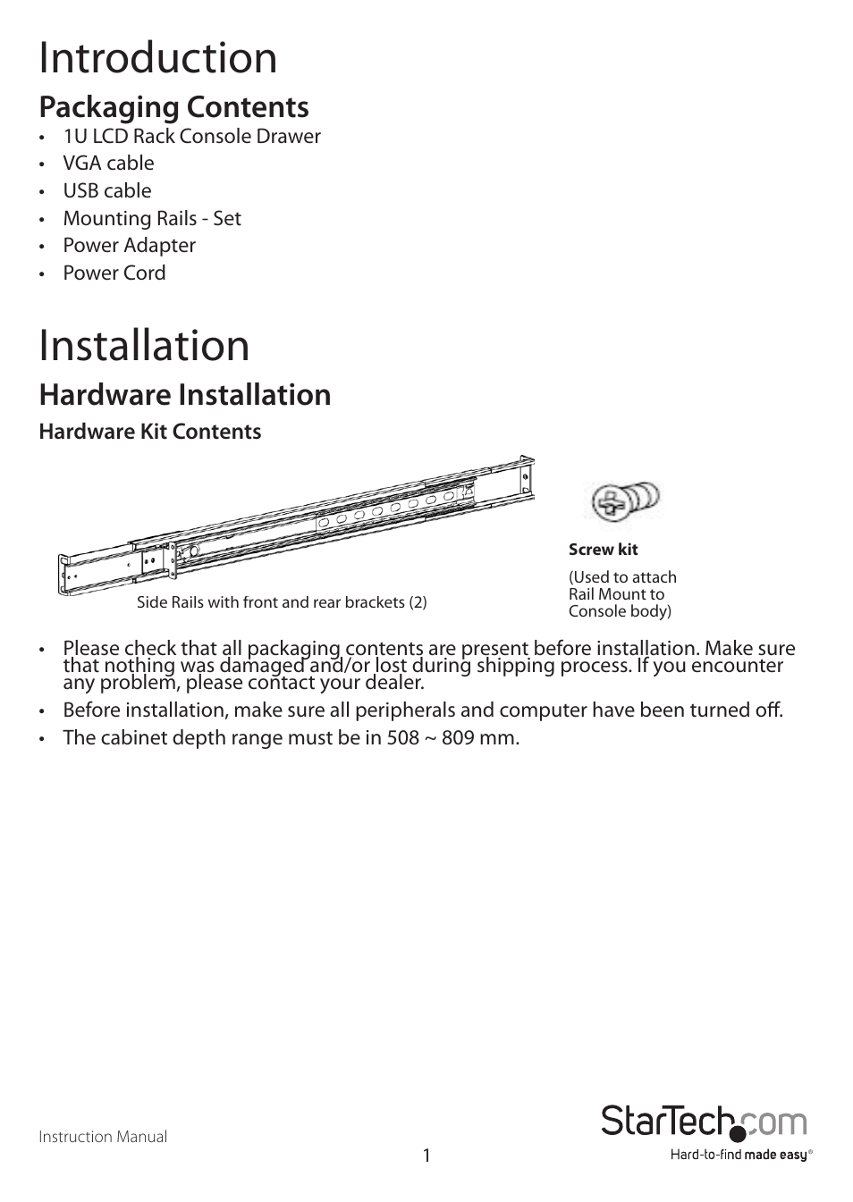 Introduction, Installation, Packaging contents | Hardware installation | StarTech.com RACKCONV1901 User Manual | Page 4 / 16