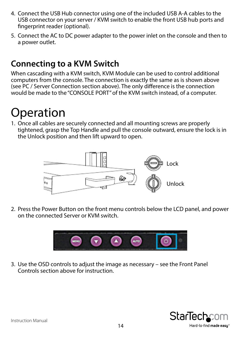 Connecting to a kvm switch, Operation | StarTech.com RKCONS17HDGB User Manual | Page 17 / 20