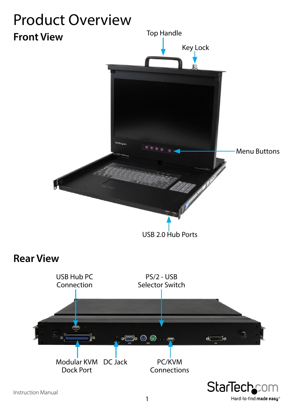 Product overview, Front view, Rear view | Front view rear view | StarTech.com RKCONS17HDGB User Manual | Page 4 / 20