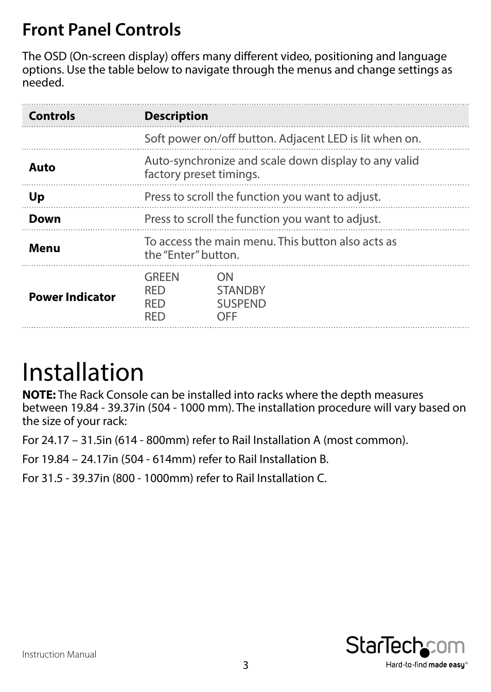 Front panel controls, Installation | StarTech.com RKCONS17HDGB User Manual | Page 6 / 20