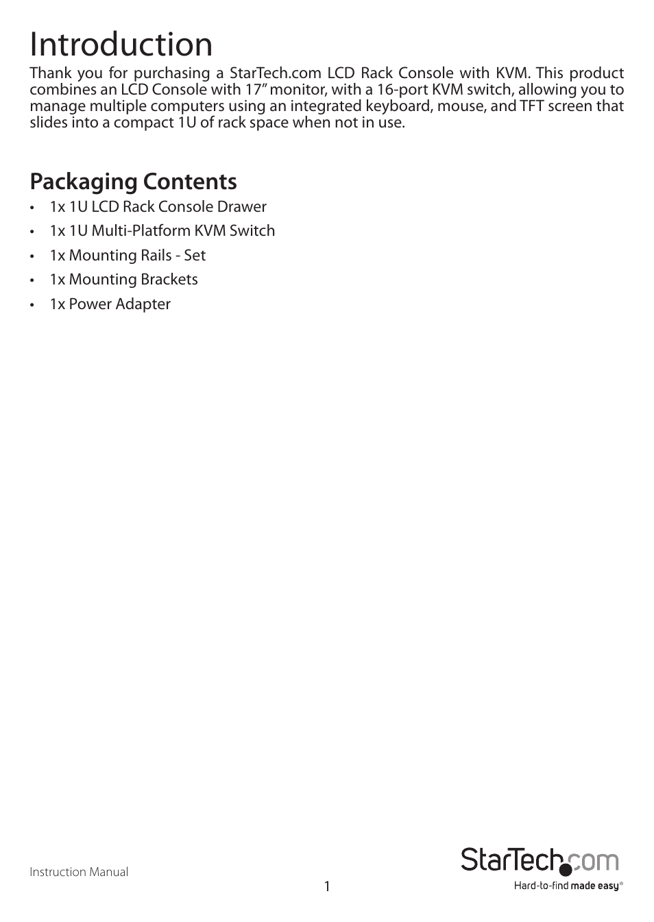 Introduction, Packaging contents | StarTech.com RKCONS1916EU User Manual | Page 4 / 27