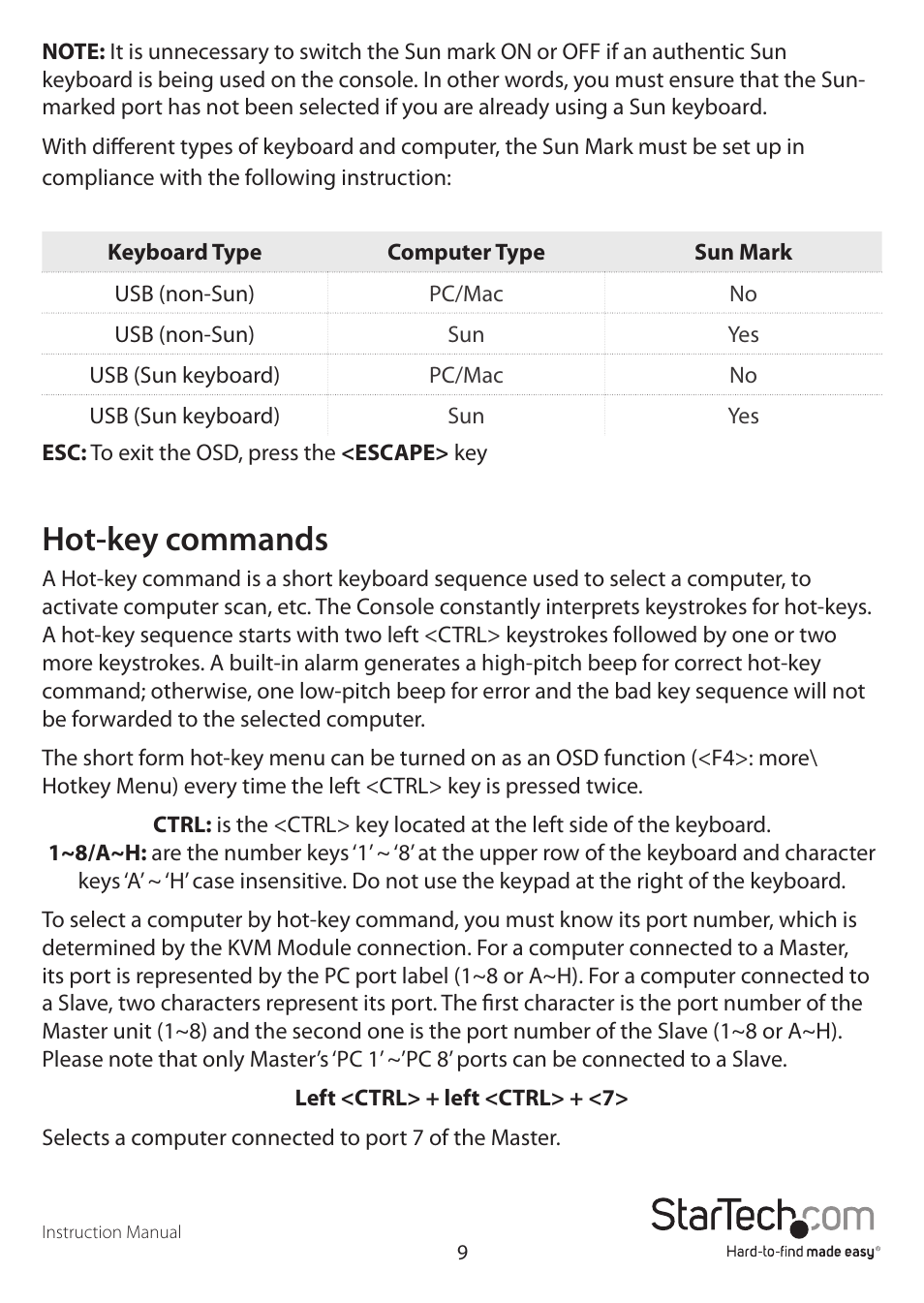 Hot-key commands | StarTech.com CAB1631HDU User Manual | Page 12 / 18