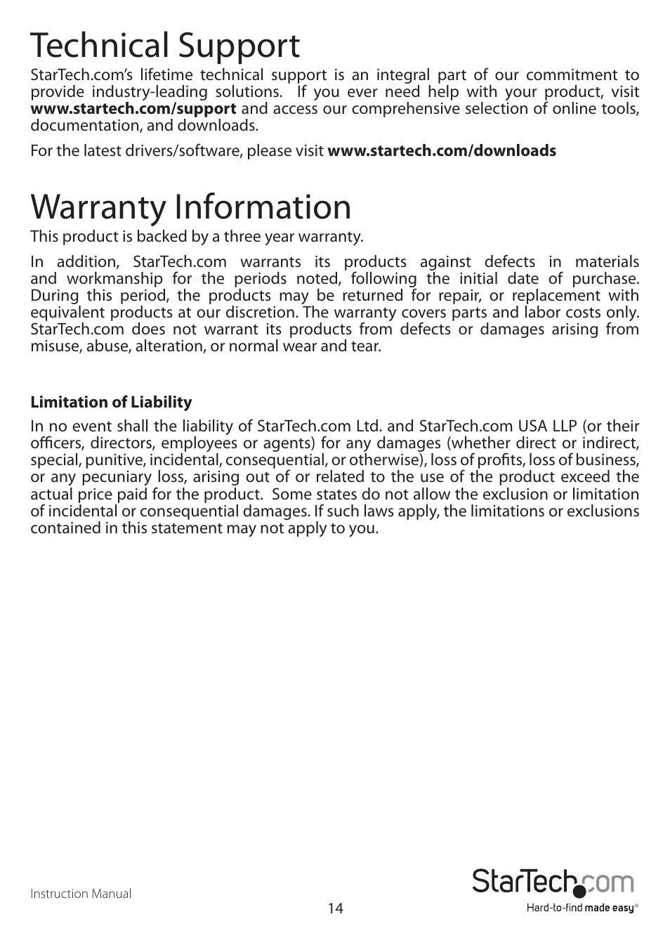 Technical support, Warranty information | StarTech.com CAB1631HDU User Manual | Page 17 / 18