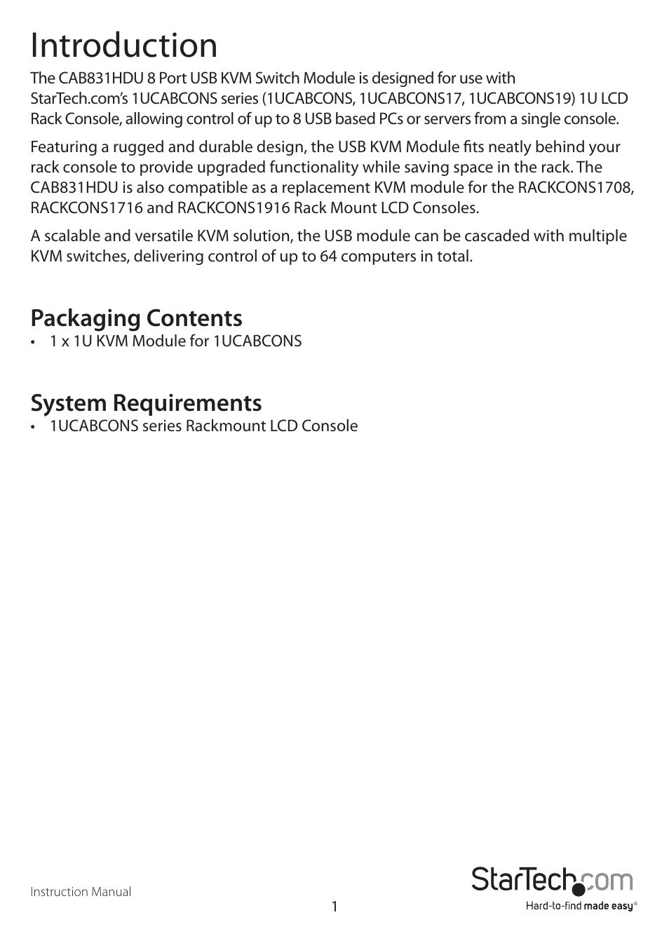 Introduction, Packaging contents, System requirements | StarTech.com CAB1631HDU User Manual | Page 4 / 18