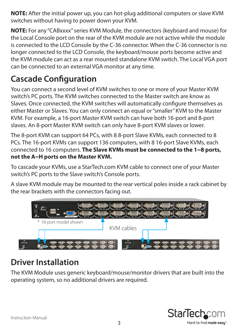 Cascade configuration, Driver installation | StarTech.com CAB1631HDU User Manual | Page 6 / 18