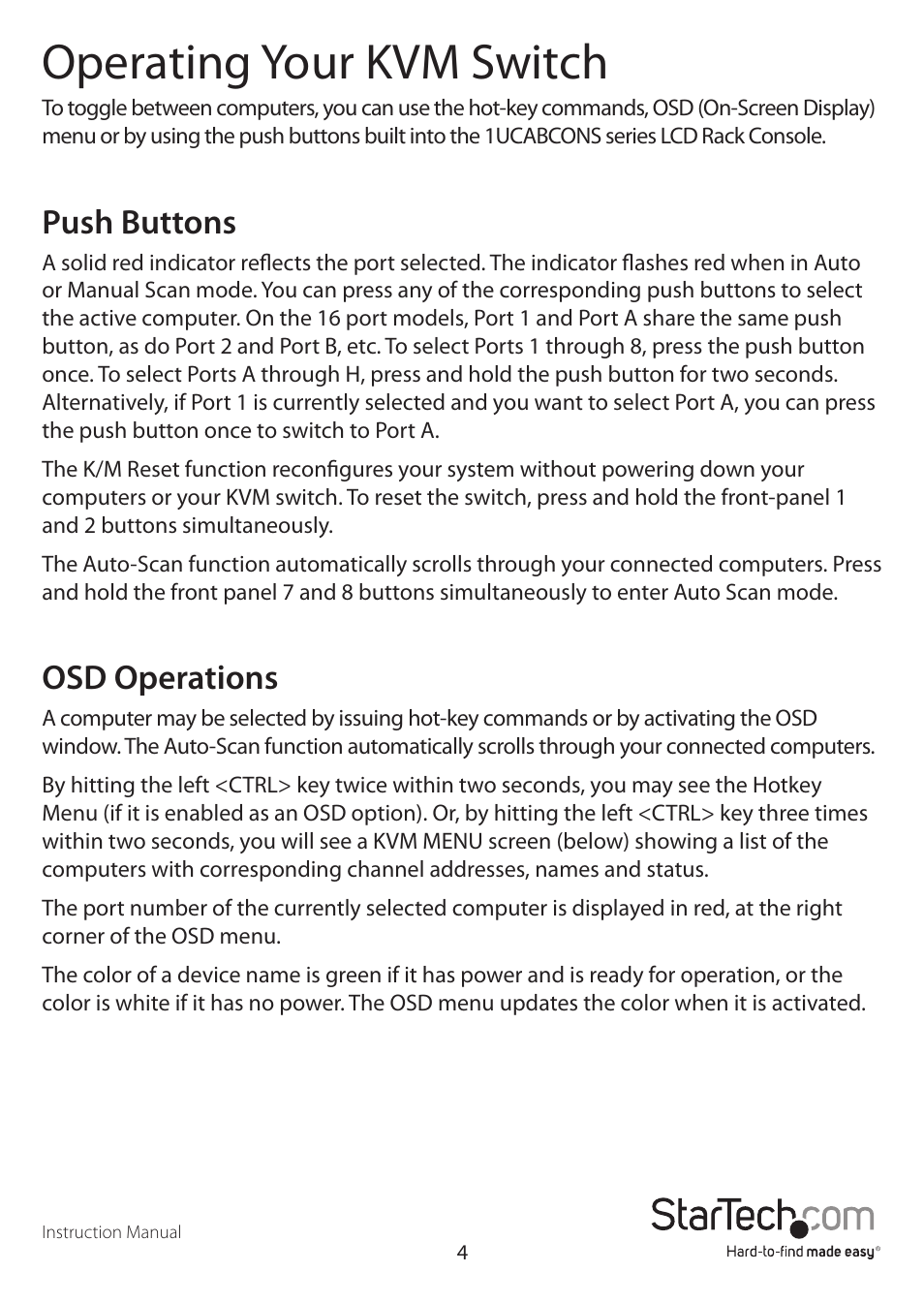 Operating your kvm switch, Push buttons, Osd operations | StarTech.com CAB1631HDU User Manual | Page 7 / 18