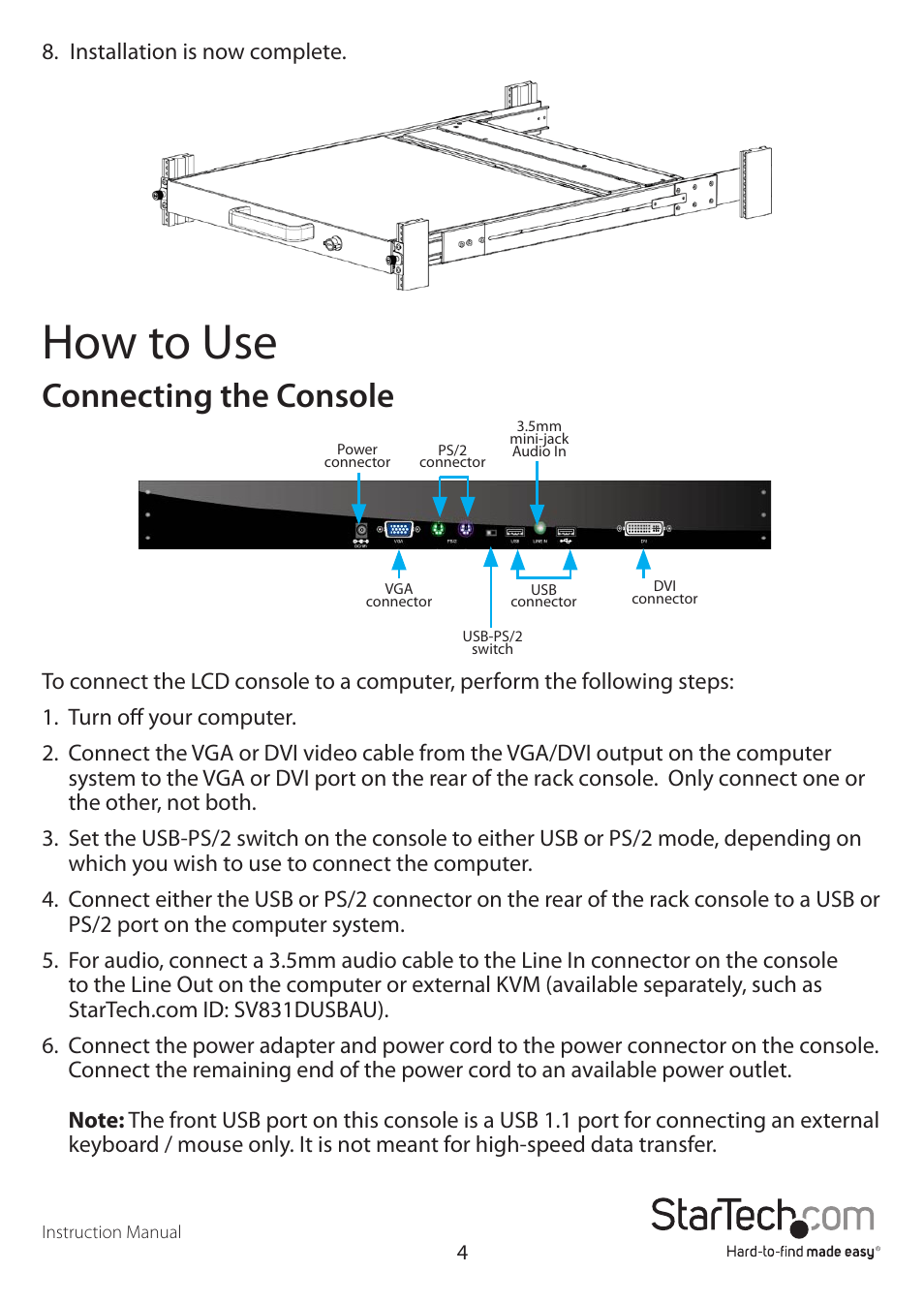 How to use, Connecting the console | StarTech.com RACKCONS2001 User Manual | Page 7 / 16