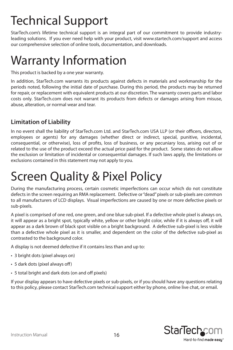 Technical support, Warranty information, Screen quality & pixel policy | StarTech.com 1UCABCONS19 User Manual | Page 19 / 20