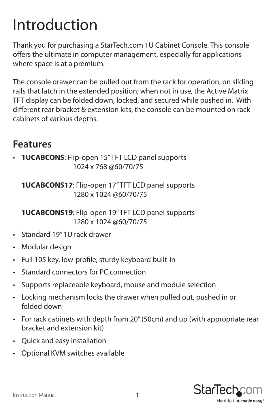 Introduction, Features | StarTech.com 1UCABCONS19 User Manual | Page 4 / 20