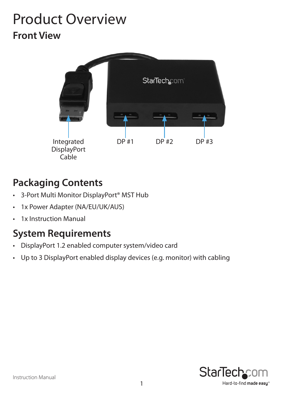 Product overview, Front view packaging contents, System requirements | StarTech.com MSTDP123DP User Manual | Page 4 / 10