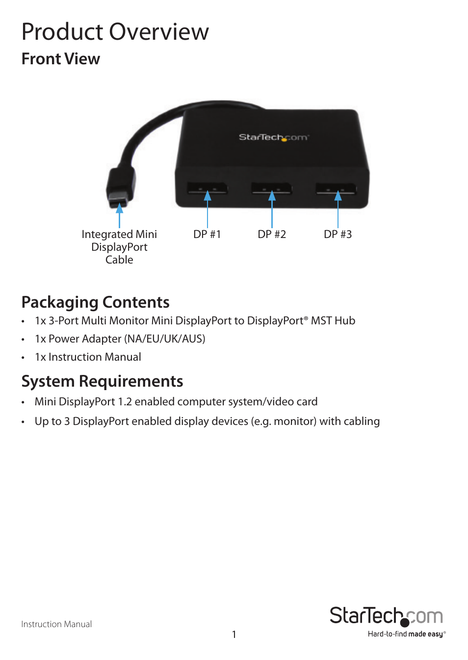 Product overview, Front view packaging contents, System requirements | StarTech.com MSTMDP123DP User Manual | Page 4 / 10
