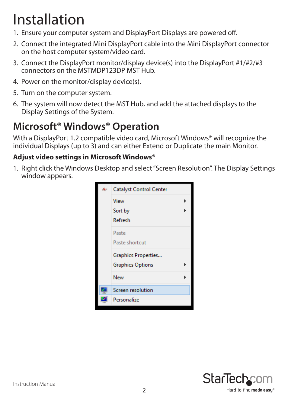 Installation, Microsoft® windows® operation | StarTech.com MSTMDP123DP User Manual | Page 5 / 10