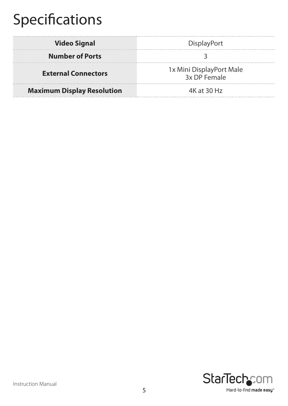 Specifications | StarTech.com MSTMDP123DP User Manual | Page 8 / 10