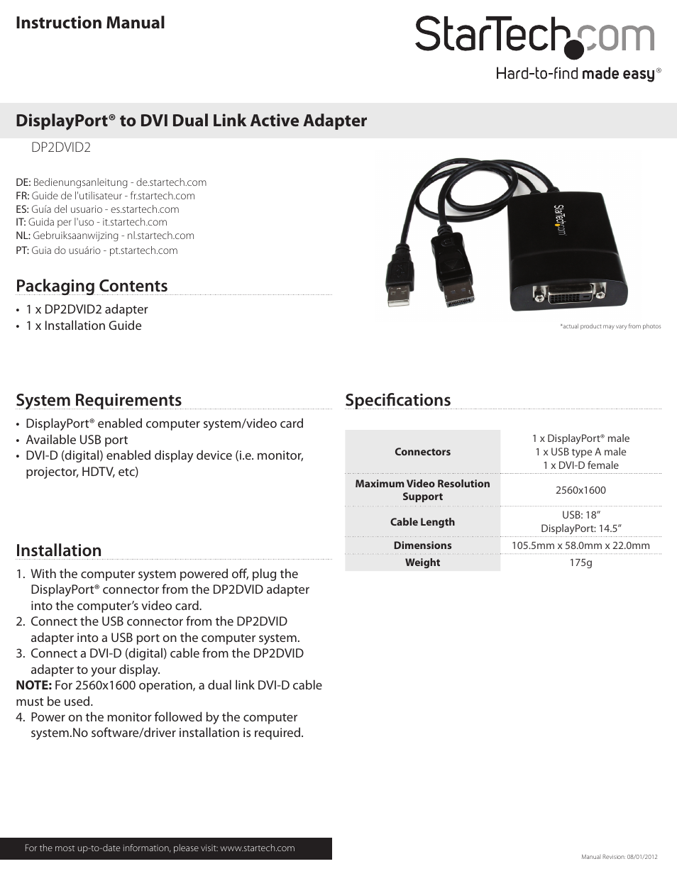 StarTech.com DP2DVID2 User Manual | 2 pages