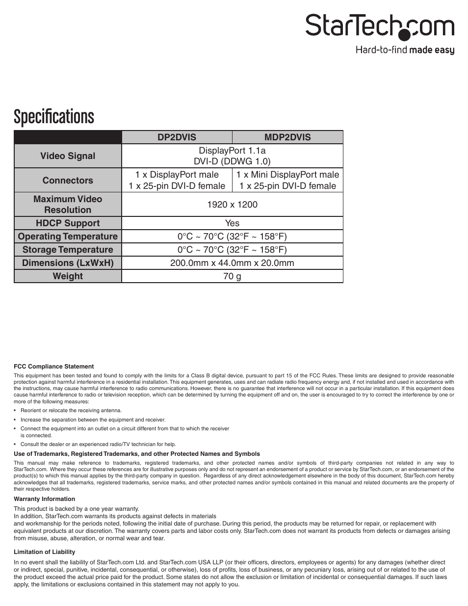 Specifications | StarTech.com MDP2DVIS User Manual | Page 2 / 2