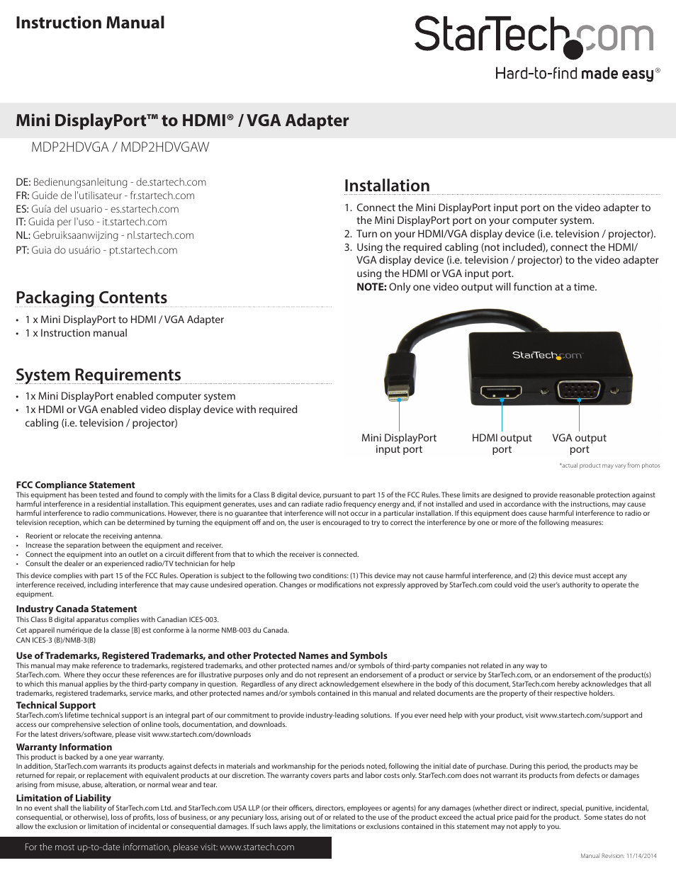 StarTech.com MDP2HDVGAW User Manual | 1 page