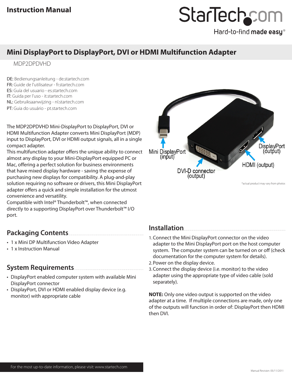 StarTech.com MDP2DPDVHD User Manual | 2 pages