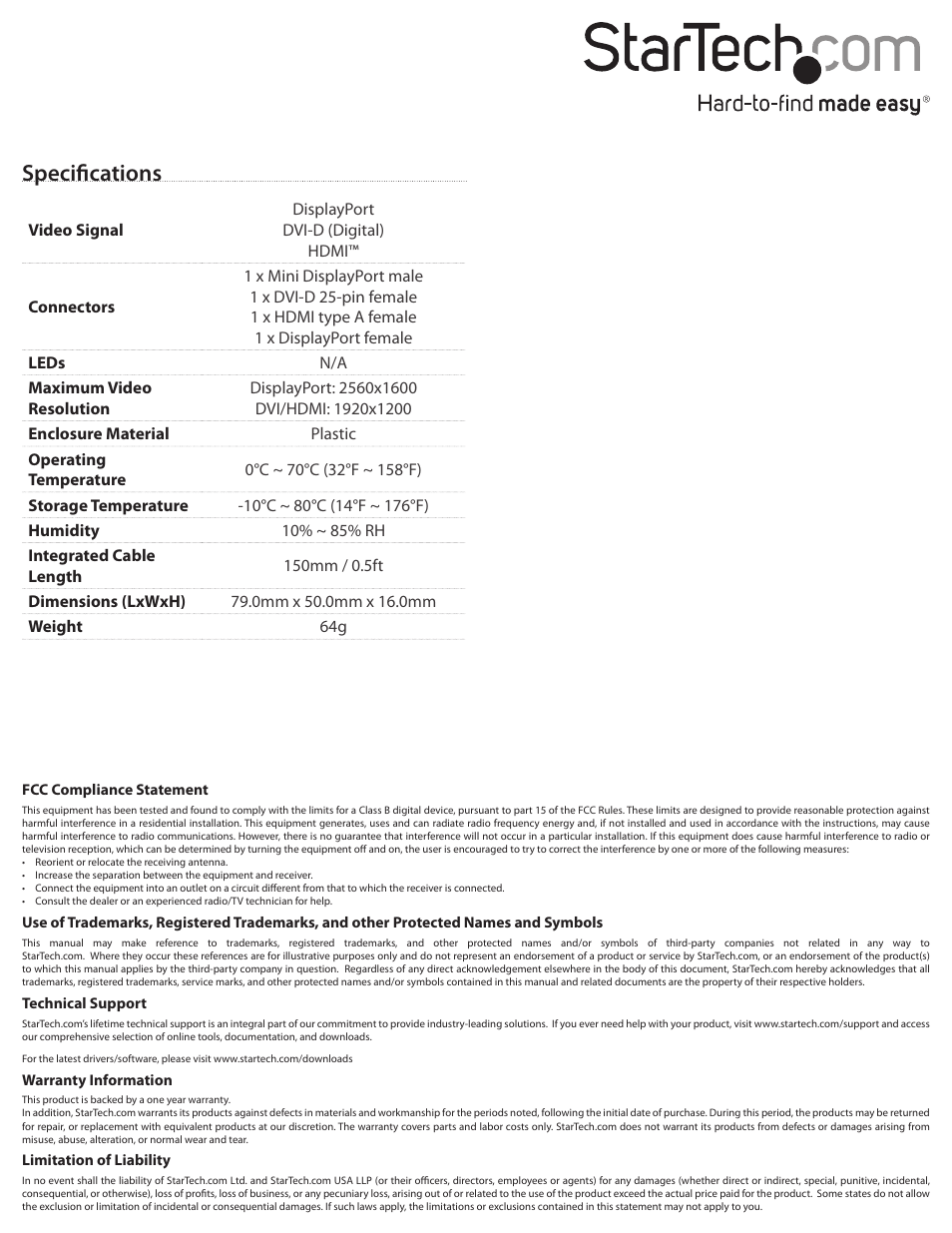 Specifications | StarTech.com MDP2DPDVHD User Manual | Page 2 / 2